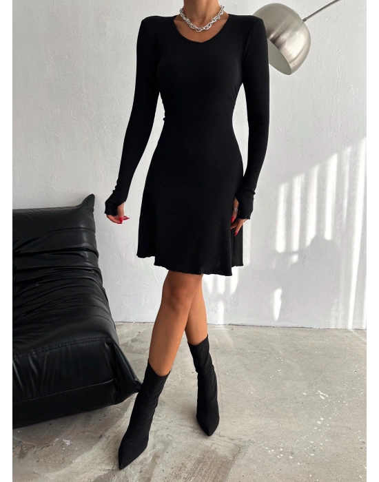 Kadın V Yaka Uzun Kollu ırtı Ayarlanabilir Kopça Detay Kaşkorse Mini Elbise