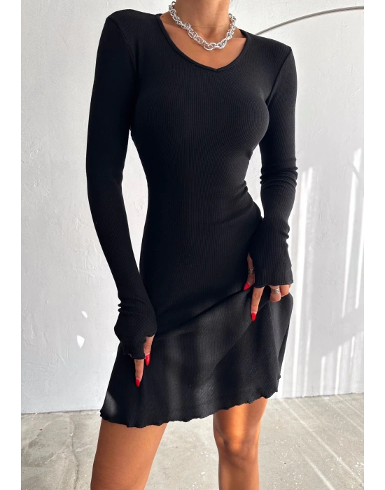 Kadın V Yaka Uzun Kollu ırtı Ayarlanabilir Kopça Detay Kaşkorse Mini Elbise