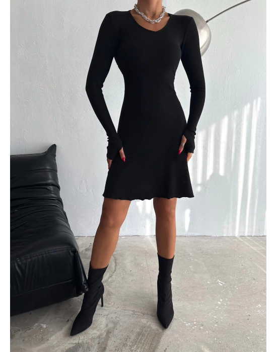 Kadın V Yaka Uzun Kollu ırtı Ayarlanabilir Kopça Detay Kaşkorse Mini Elbise