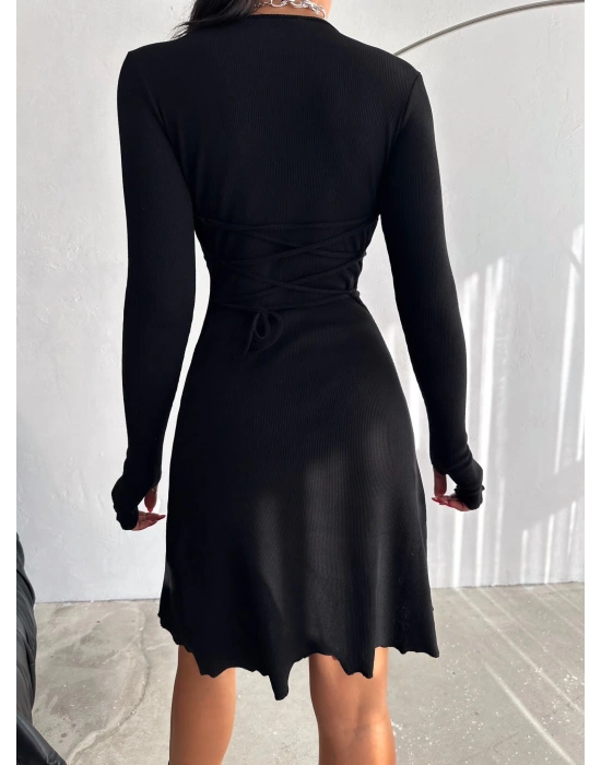 Kadın V Yaka Uzun Kollu ırtı Ayarlanabilir Kopça Detay Kaşkorse Mini Elbise