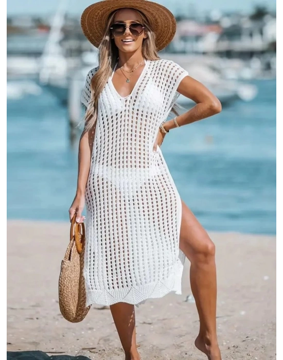 Kadın V Yaka Yanı Derin Yırtmaçlı Mi Boy Triko Elbise