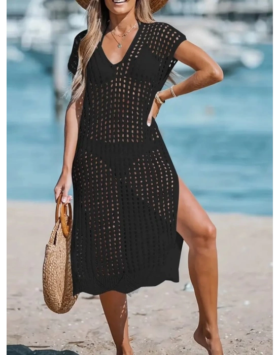 Kadın V Yaka Yanı Derin Yırtmaçlı Mi Boy Triko Elbise