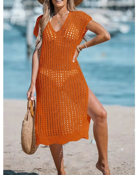 Kadın V Yaka Yanı Derin Yırtmaçlı Mi Boy Triko Elbise