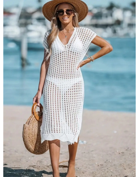 Kadın V Yaka Yanı Derin Yırtmaçlı Mi Boy Triko Elbise