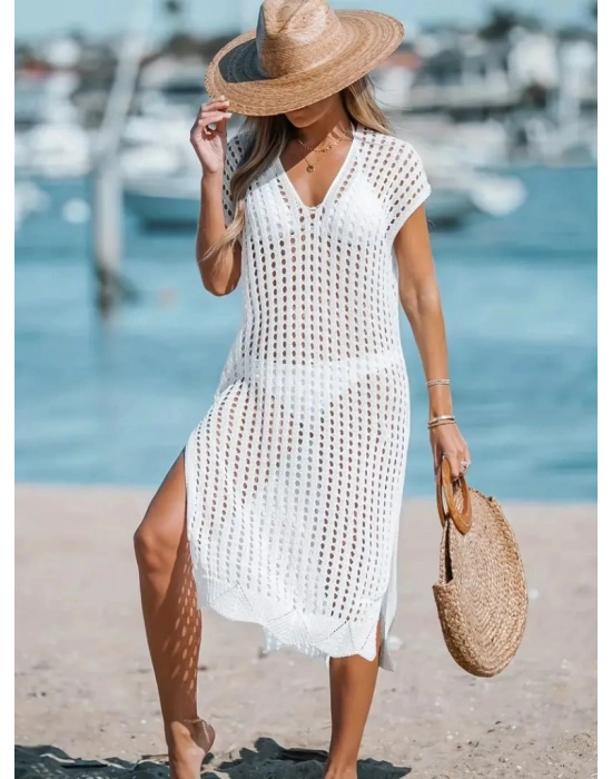 Kadın V Yaka Yanı Derin Yırtmaçlı Mi Boy Triko Elbise