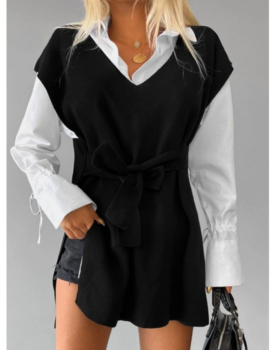 Kadın V Yaka Yırtmaç Detay Arkadan Bağlamalı Triko Bluz