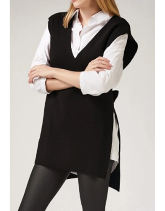 Kadın V Yaka Yırtmaç Detay Arkadan Bağlamalı Triko Bluz