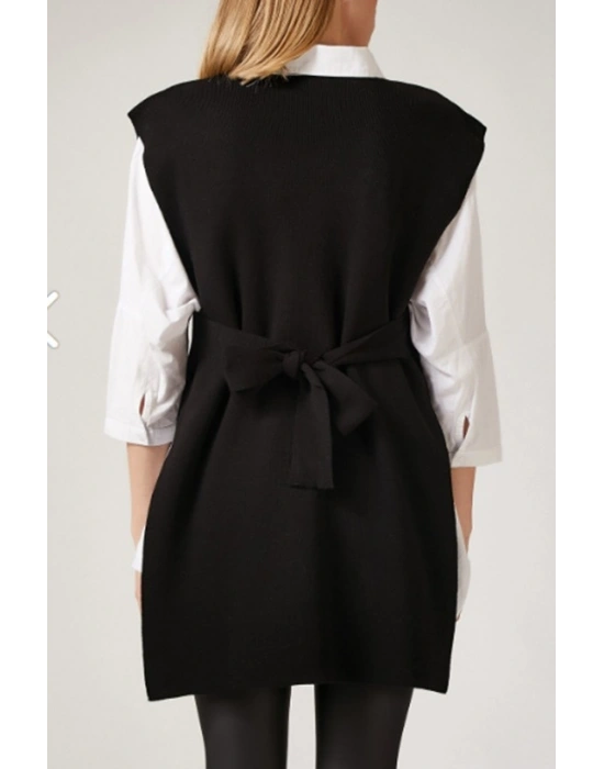 Kadın V Yaka Yırtmaç Detay Arkadan Bağlamalı Triko Bluz