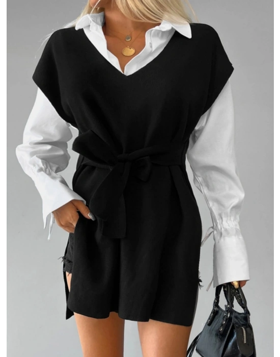 Kadın V Yaka Yırtmaç Detay Arkadan Bağlamalı Triko Bluz