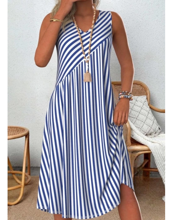 Kadın V Yakalı Askılı çizgili Midi örme Viskon Elbise