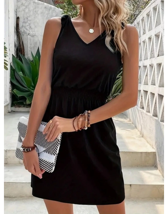 Kadın V Yakalı Belinde Gipe Detay Krep Elbise