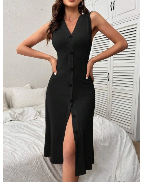 Kadın V Yakalı önden Düğmeli Kaşkorse Elbise