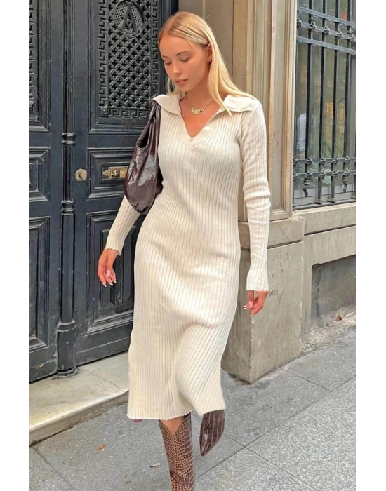 Kadın V Yakauzun Kollu Midiboy Triko Elbise