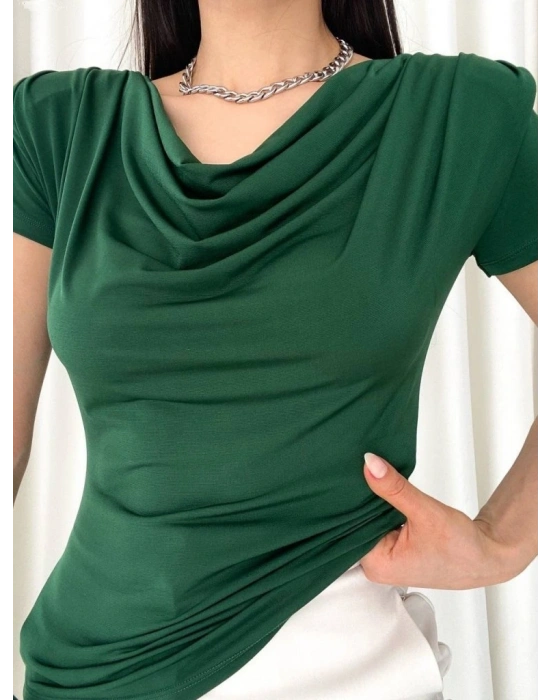 Kadın Vatkalı Omuzlar Pileli Kısa Kol Sandy Kumaş Bluz