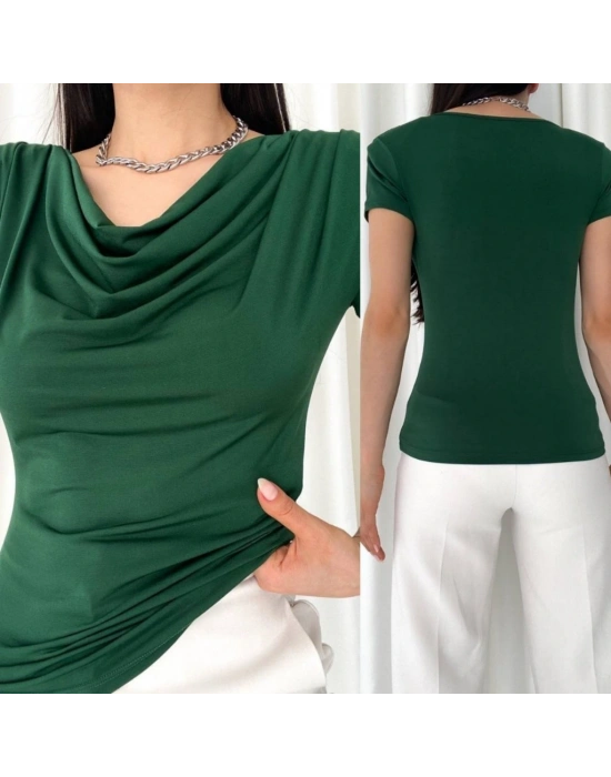 Kadın Vatkalı Omuzlar Pileli Kısa Kol Sandy Kumaş Bluz