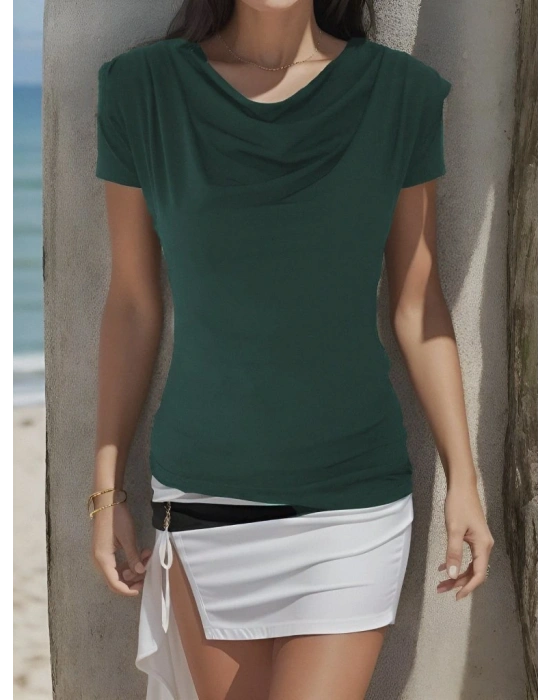 Kadın Vatkalı Omuzlar Pileli Kısa Kol Sandy Kumaş Bluz