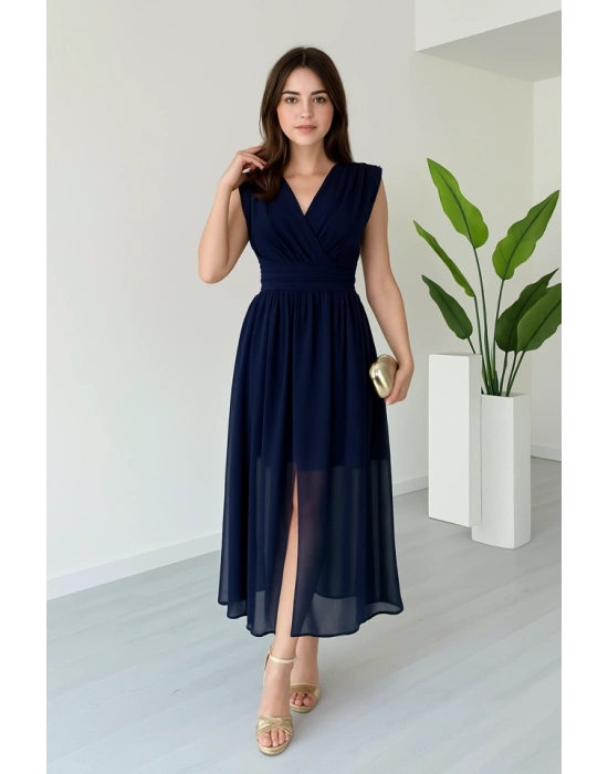 Kadın Vatkalı Şifon Kolsuz Kruvaze Yaka Yırtmaç Detaylı Şık Midi Elbise