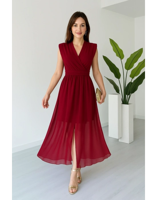 Kadın Vatkalı Şifon Kolsuz Kruvaze Yaka Yırtmaç Detaylı Şık Midi Elbise