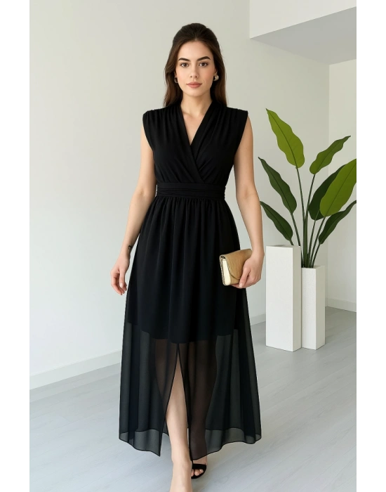 Kadın Vatkalı Şifon Kolsuz Kruvaze Yaka Yırtmaç Detaylı Şık Midi Elbise