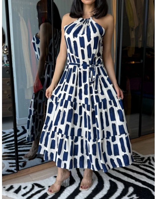 Kadın Viskon Kumaş Ip Askılı Halter Yaka Cepli idi Boy Elbise