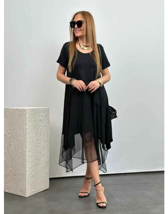 Kadın Viskon Kumaş Tül Detaylı Asimetrik Elbise