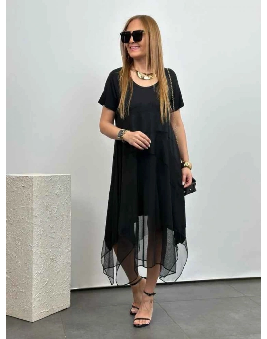 Kadın Viskon Kumaş Tül Detaylı Asimetrik Elbise