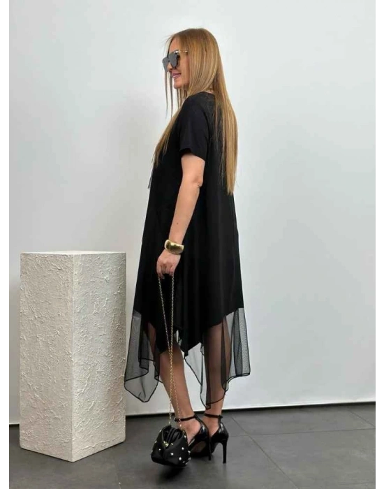 Kadın Viskon Kumaş Tül Detaylı Asimetrik Elbise