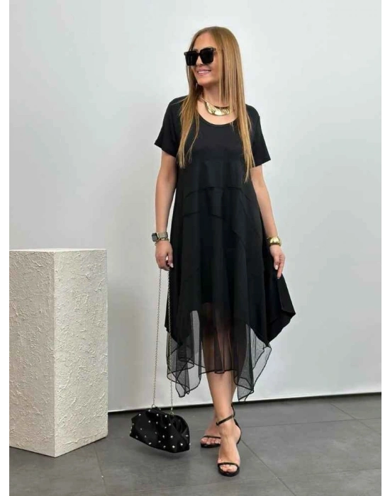 Kadın Viskon Kumaş Tül Detaylı Asimetrik Elbise
