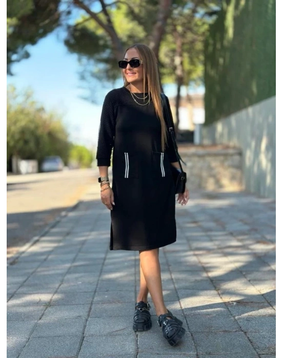 Kadın Viskon Pamuklu Kumaş Kol File , şerit Ve Cep Detaylı Elbise