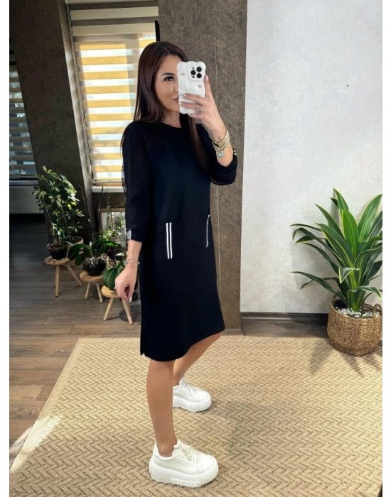 Kadın Viskon Pamuklu Kumaş Kol File , şerit Ve Cep Detaylı Elbise