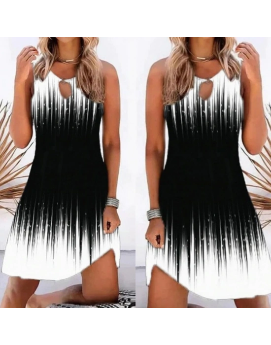 Kadın Yaka Damla Dekolteli Siyah Beyaz Desenli Dalgıç Elbise