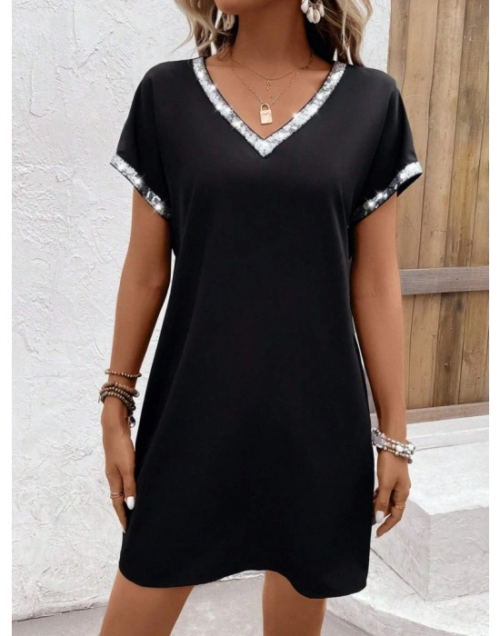 Kadın Yaka Ve Kol Pul Payet şeritli Ithal Krep Elbise