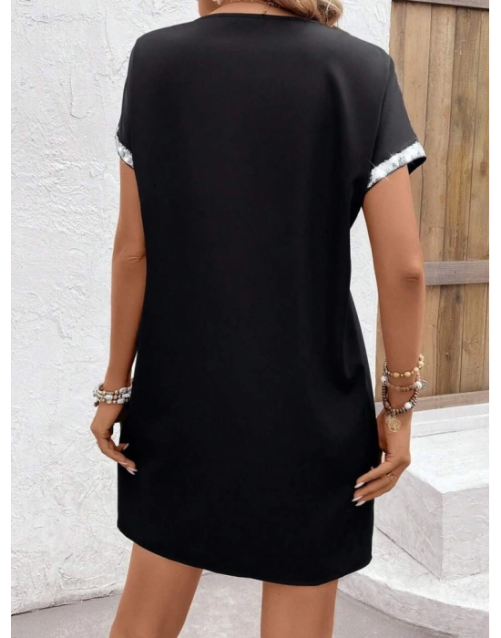 Kadın Yaka Ve Kol Pul Payet şeritli Ithal Krep Elbise