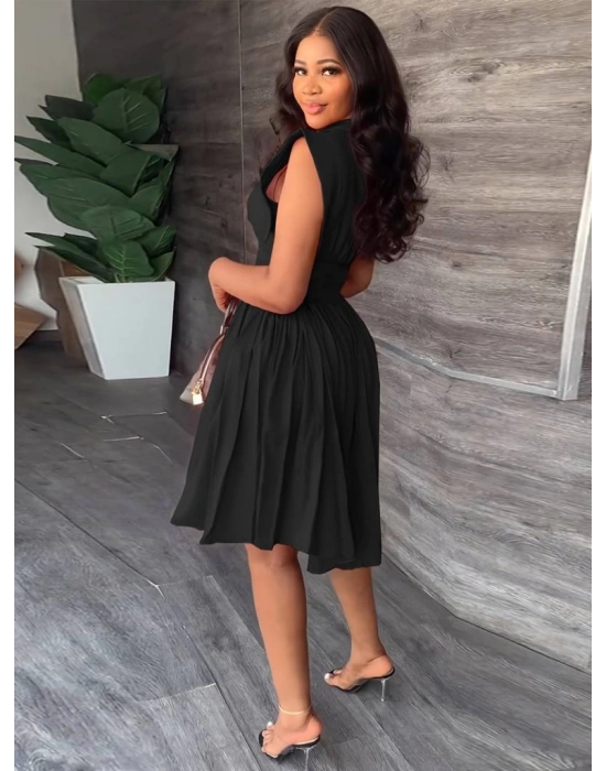 Kadın Yakalı Belden Oturmalı önden Büzgülü Dokuma Mini Elbise