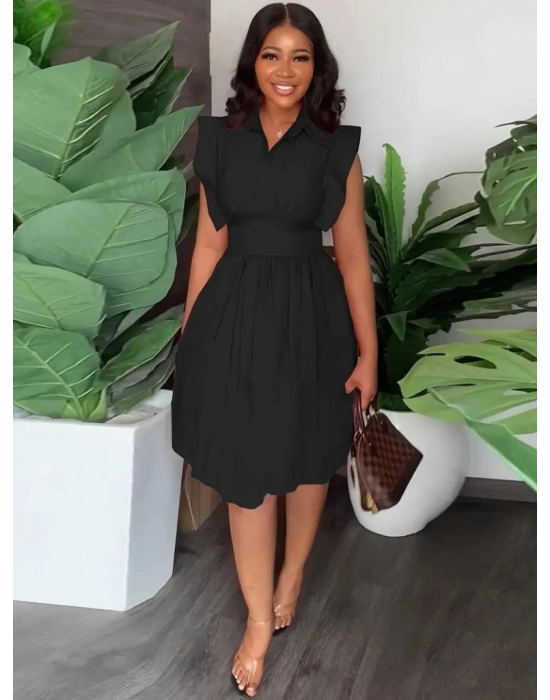 Kadın Yakalı Belden Oturmalı önden Büzgülü Dokuma Mini Elbise