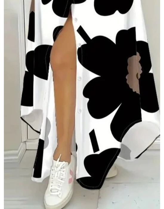 Kadın Yakalı önden Düğmeli çiçek Desenli Uzun Süprem Elbise