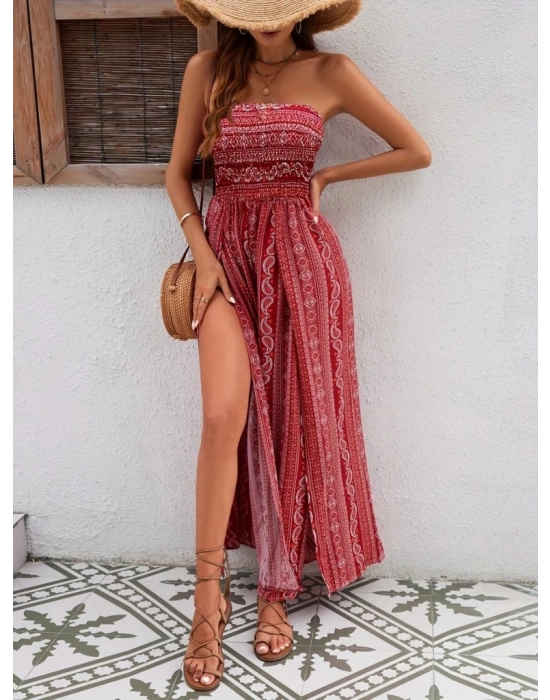 Kadın Yakası Gipe Detaylı önden Yırtmaç Detaylı Desenli Süprem Pantolun Etek Tulum