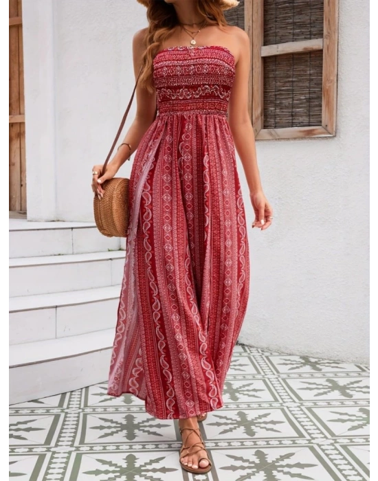 Kadın Yakası Gipe Detaylı önden Yırtmaç Detaylı Desenli Süprem Pantolun Etek Tulum