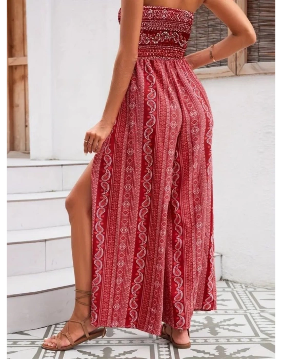 Kadın Yakası Gipe Detaylı önden Yırtmaç Detaylı Desenli Süprem Pantolun Etek Tulum