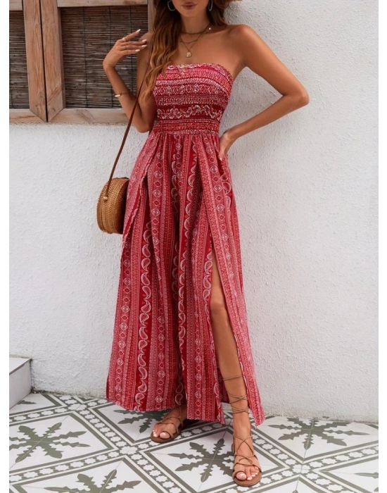 Kadın Yakası Gipe Detaylı önden Yırtmaç Detaylı Desenli Süprem Pantolun Etek Tulum