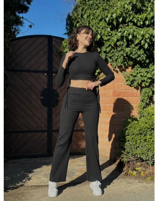 Kadın Yandan Bağlamalı Geniş Paçalı Fitil Kaşkorse İkili Takım