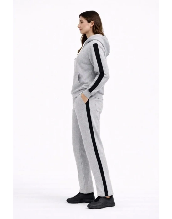 KADIN Yandan Şeritli Eşofman Takım Kapüşonlu weatshirt Boru Paça Alt, Oversize 3 Iplik Pamuklu  Gri