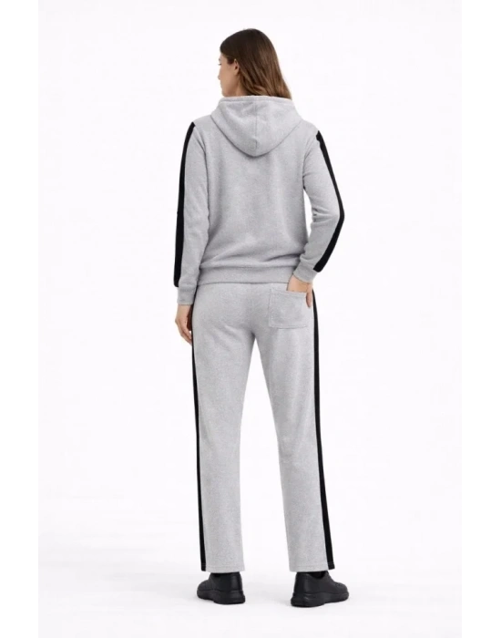 KADIN Yandan Şeritli Eşofman Takım Kapüşonlu weatshirt Boru Paça Alt, Oversize 3 Iplik Pamuklu  Gri