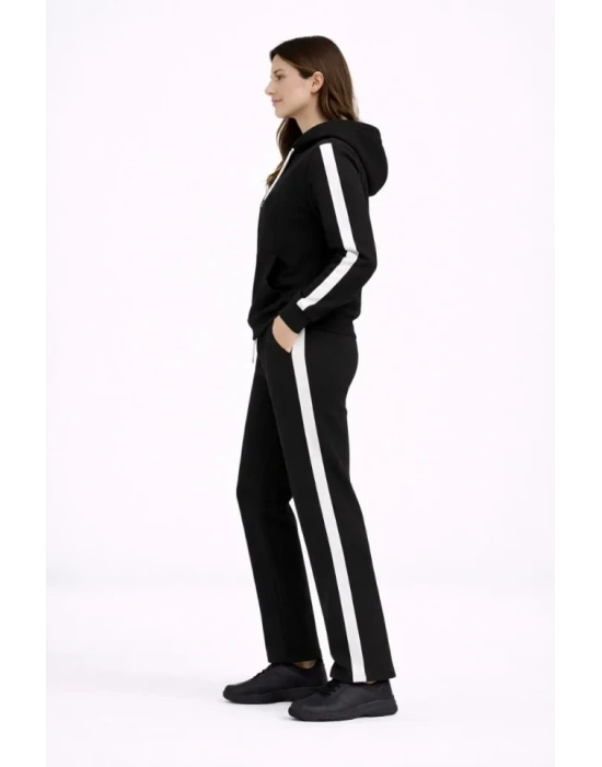 KADIN Yandan Şeritli Eşofman Takım Kapüşonlu weatshirt Boru Paça Alt, Oversize 3 Iplik Pamuklu  iyah