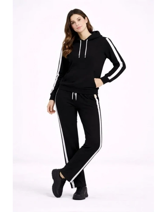 KADIN Yandan Şeritli Eşofman Takım Kapüşonlu weatshirt Boru Paça Alt, Oversize 3 Iplik Pamuklu  iyah