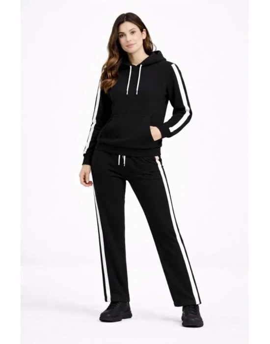KADIN Yandan Şeritli Eşofman Takım Kapüşonlu weatshirt Boru Paça Alt, Oversize 3 Iplik Pamuklu  iyah