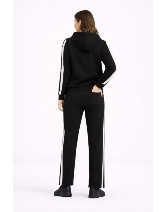 KADIN Yandan Şeritli Eşofman Takım Kapüşonlu weatshirt Boru Paça Alt, Oversize 3 Iplik Pamuklu  iyah