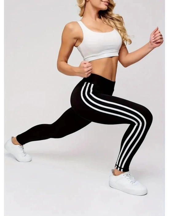 Kadın Yanları üç şerit çizgi Detaylı Yüksek Bel Toparlayıcı Dalgıç Spor Tayt