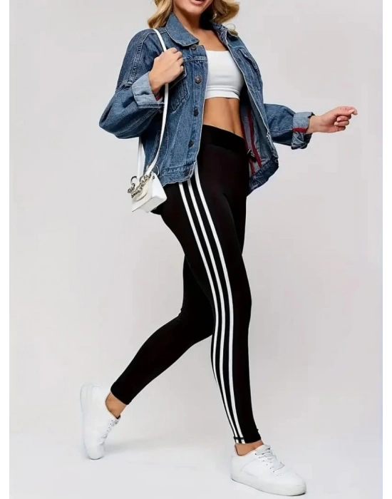 Kadın Yanları üç şerit çizgi Detaylı Yüksek Bel Toparlayıcı Dalgıç Spor Tayt