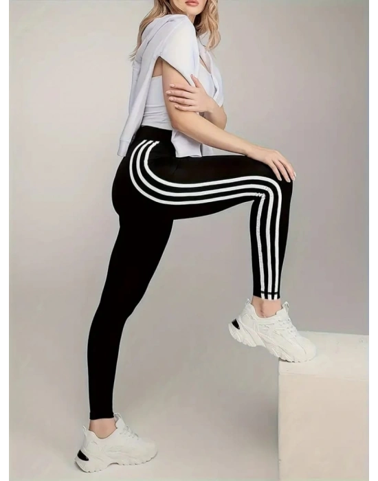Kadın Yanları üç şerit çizgi Detaylı Yüksek Bel Toparlayıcı Dalgıç Spor Tayt